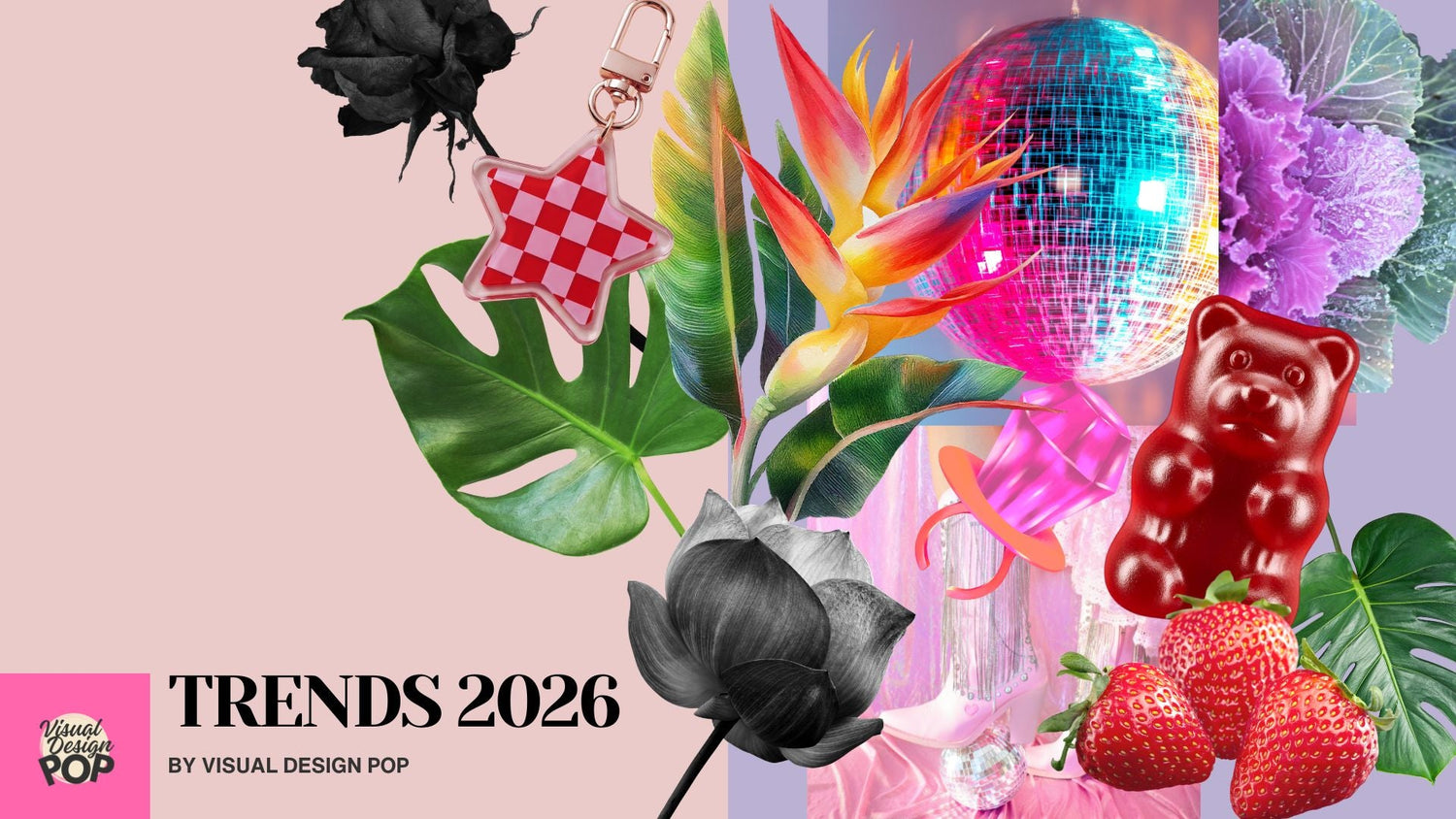 Gift Trends 2026 cover image with disco ball, gummy bear, monstera leaf, and other floral type imagery.